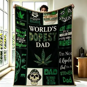 World's Dopest Dad Weed Cannabis Leaves Black Blanket, Funny Stoner 420 Papa Room Decor Gift for Men Him, Father's Day Birthday Present, Super Soft Cozy Warm Fleece Flannel Throw Blankets for Couch Bed Sofa