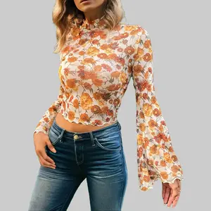 Women’s Orange Floral Long Bell Sleeve Mock Neck Scallop Trim Elegant Blouse for Effortless Dailywear
