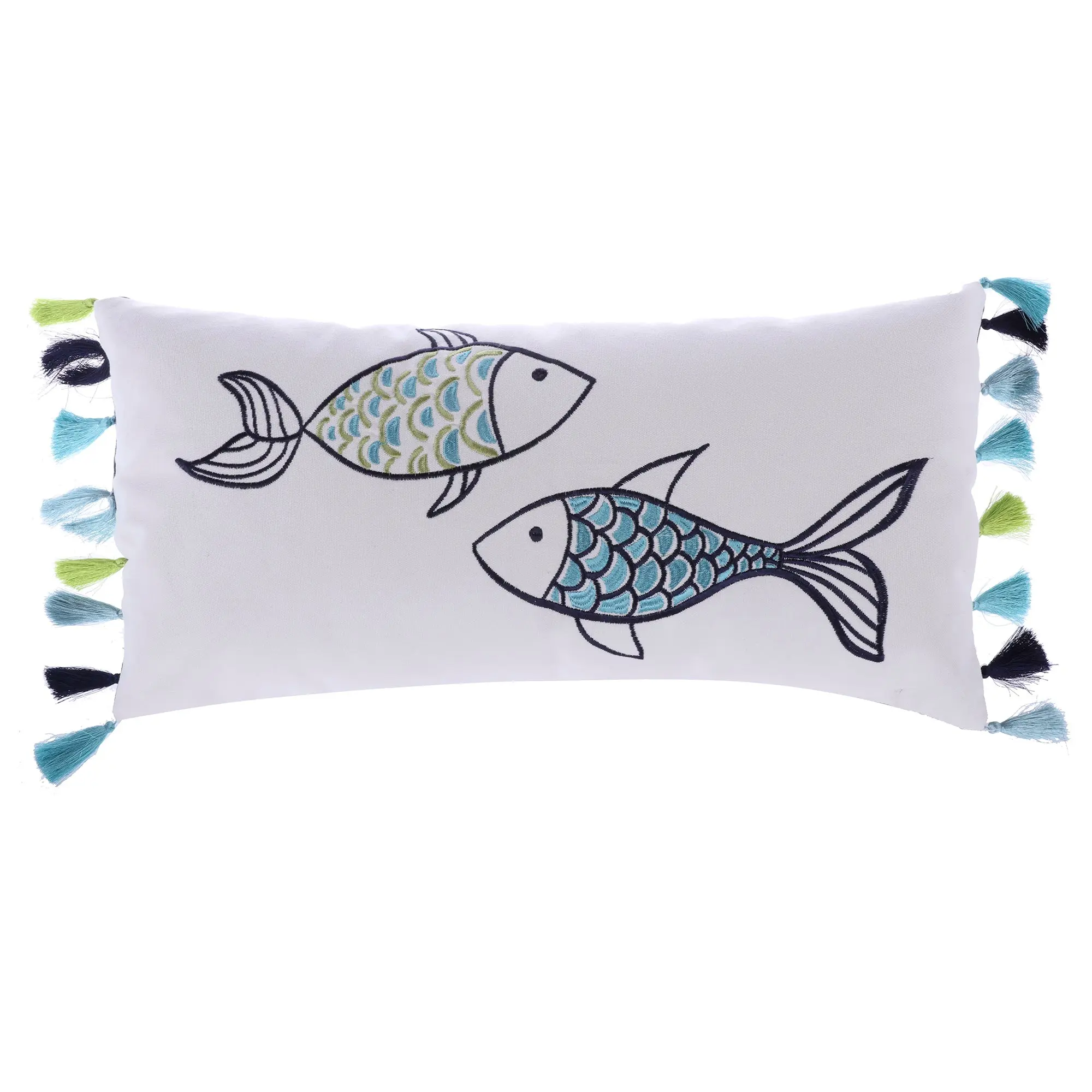 Colorfully Embroidered Fish Tassel Pillow, Coastal Accent Pillow with Feather Inner