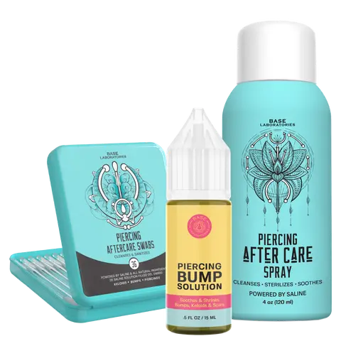 Base Laboratories Piercing Aftercare Kit | Saline Piercing Aftercare Spray -  Keloid Bump Removal Oil -  Piercing Cleaner Gel Swab Aftershave Smooth Aftershave Foam