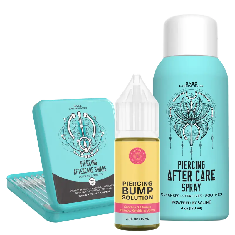 Base Laboratories Piercing Aftercare Kit | Saline Piercing Aftercare Spray -  Keloid Bump Removal Oil -  Piercing Cleaner Gel Swab Aftershave Smooth Aftershave Foam