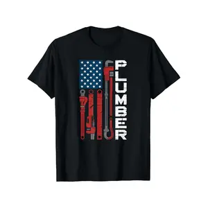 Men's 100% Cotton Fashion Round Neck Shortsleeve Print T-Shirt for USA Flag Plumbing Professional Pipe Plumber Blue Collar Menswear