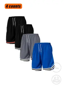 Men's Solid Color Striped Trim Drawstring Waist Sports Shorts, Regular Fit Comfortable Breathable Sweat-Wicking Lightweight Pocket Basketball Shorts, Casual Men's Bottoms for Summer
