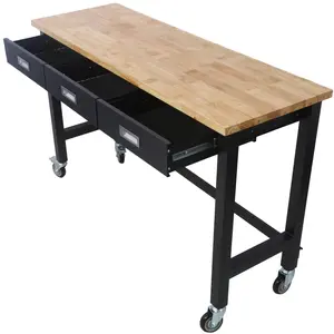 Heavy Duty Bamboo Workbench with Drawers & Wheels for Garage, Home Office