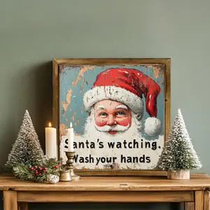 Santa Observation Sign, Vintage Christmas Wall Art, 8x8 Inch Wooden Frame, Farmhouse Style Decor, No Power Needed, Multi-Functional Design, Home Ornament