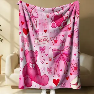 Sweet and Romantic Flannel Throw Blanket,Pink Bear Bow Pattern Throw Blanket,Perfect for Home, Camping, Travel, and Keeping Warm In The Office, Makes A Perfect Addition to Your Living Room Decor.