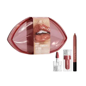 Huda Beauty Limited Edition Pink Kit Juicy Bombshell Lip Duo, 2-Piece Cosmetic Set in Pinky Brown with Smoothing Lipgloss & Contour Pencil, Travel Size