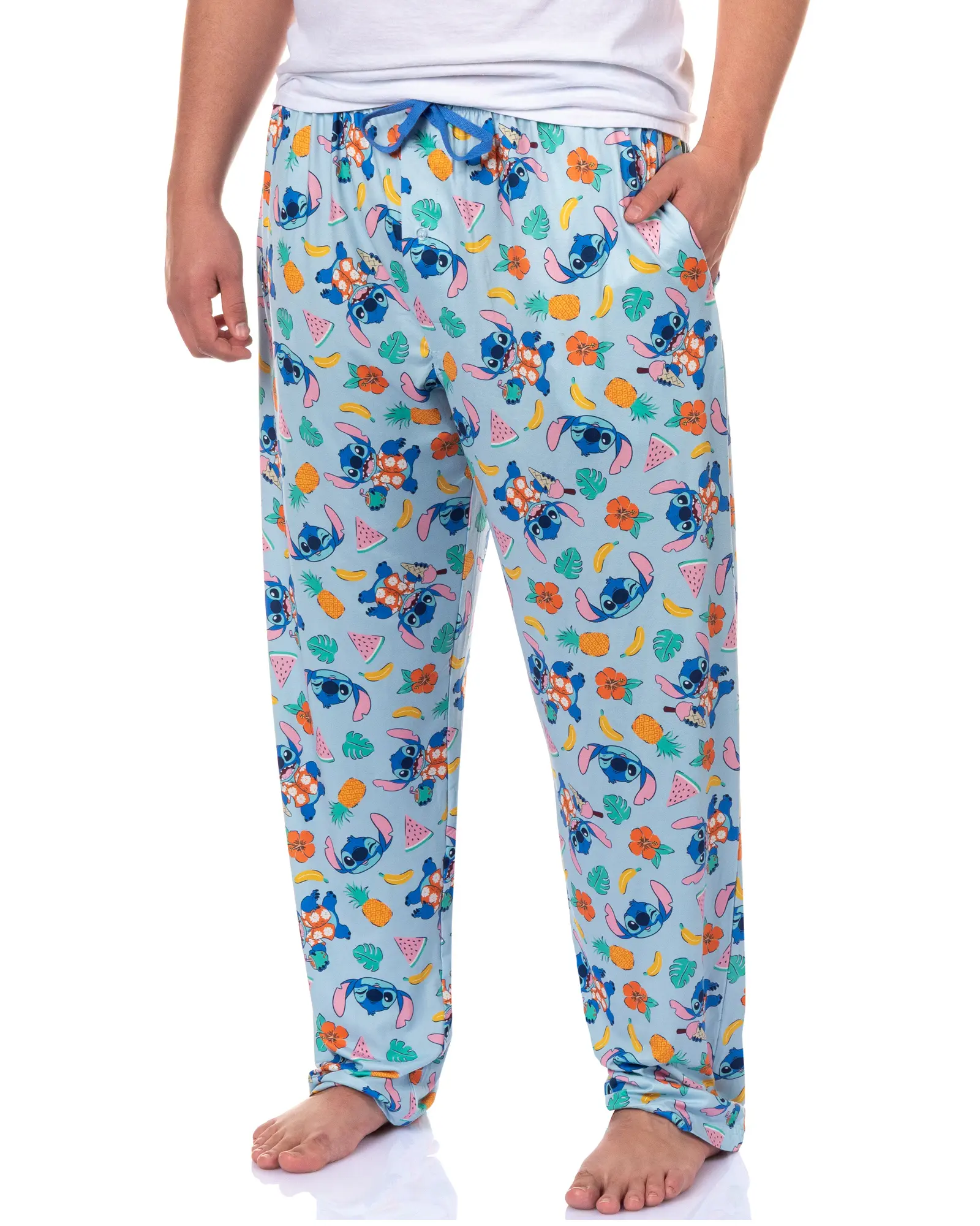 Disney Stitch Pajamas Men's Island Time Allover Design Lounge Sleep Pants, Flowers, Hoodie, Smooth, Polyester, Stretch, Spandex