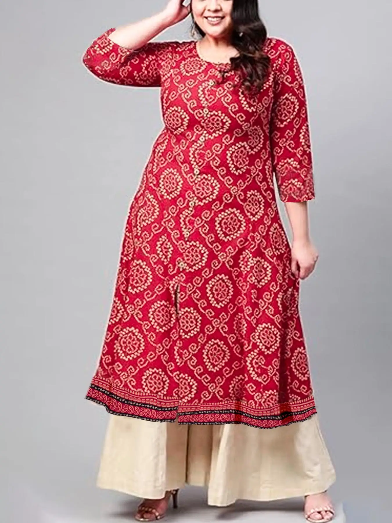 【Plus Size】 Floral Print Abayas, Modest Casual 3/4 Sleeve Round Neck Dress for Daily Wear, Women's Islamic Clothing for All Seasons