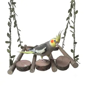Natural Wood Multi-Level Bird Swing & Climbing Ladder - Hanging Parrot Play Gym Cage Accessory for Small Birds - Interactive Exercise & Enrichment Pet Supply