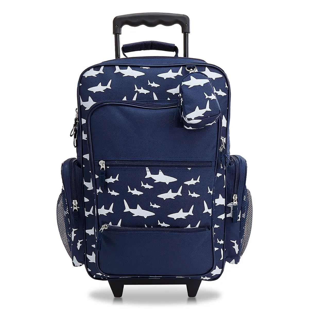 Lillian Vernon Rolling Luggage for Kids, 5-Pocket Shark Suitcase Set With Clip-On Pouch, Boys Travel Carrier on Wheels, 6W x 15.5L x 23”H