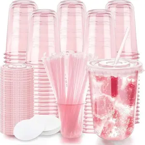 20 Sets 16oz U-Shape Plastic Cups, Disposable Coffee Cups with Lids, Filters, Straws, //transparent, Round Bottom