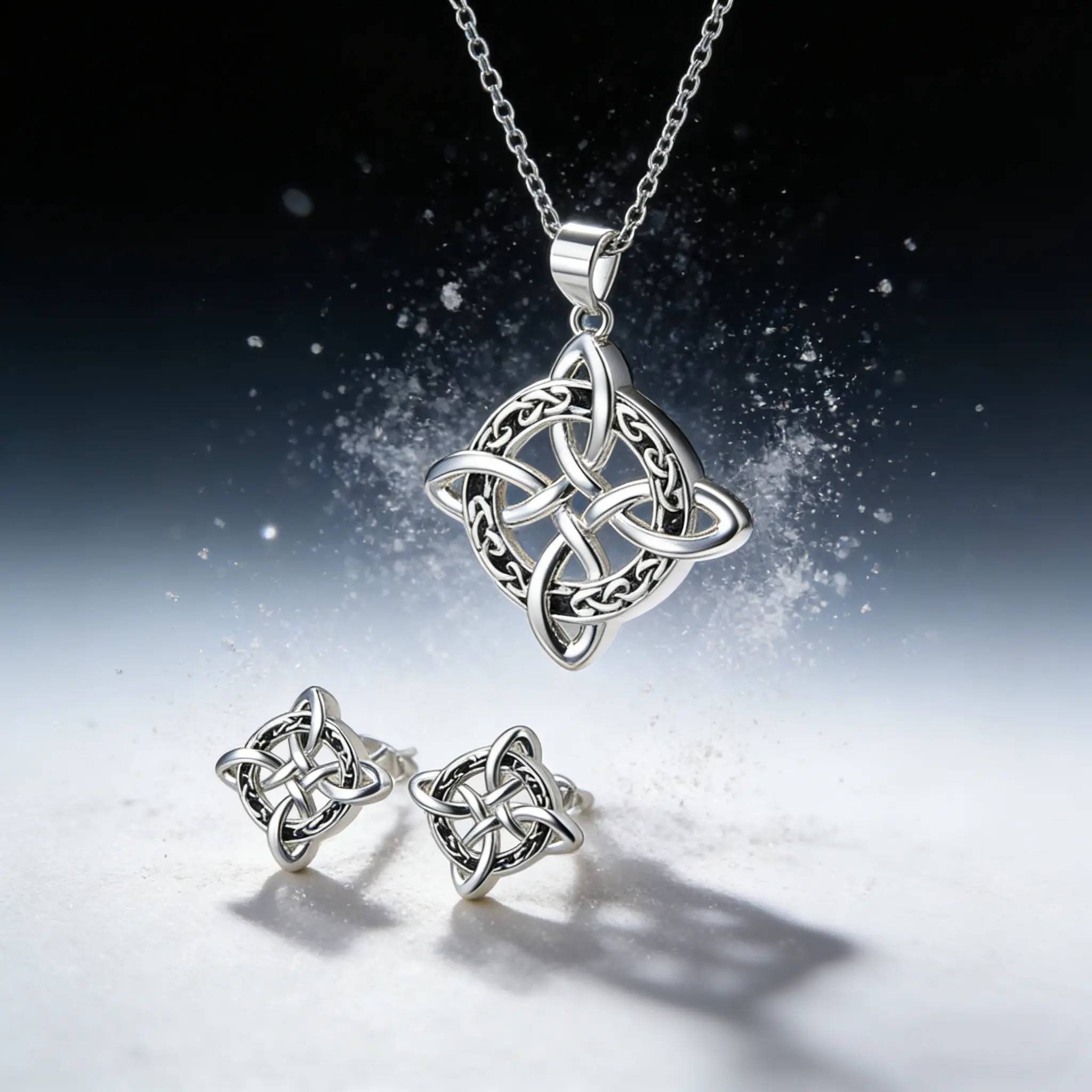 AELNEN Silver-Tone Celtic Knot Jewelry Set - Intricate Weave Pendant Necklace + Stud Earrings - Retro Symbolic Jewelry - Gift for Her