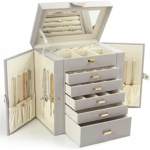 Box for Women, 6-Layer Large  Organizer Box with Mirror & 5 Drawers for Rings, Earrings, Necklaces, Bracelets,Gray