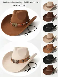 Vintage Western Cowboy Wide Brim Felt Hat, Leather Turquoise Metal Buckle Windproof Rope, Outdoor Horseback Music Festival Party