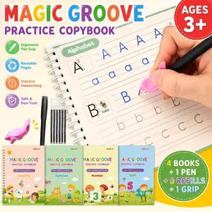 4 Pcs Reusable Grooved Handwriting Practice Books Magic Copybook with Disappearing Ink Pens Pencil Grips for Kids Age 3-8 Preschool Learning Activities