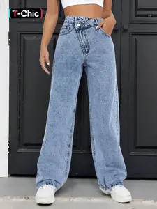 Elegant Versatile Chic Minimalist Women's High Waist Straight Leg Denim Jeans Pants, Irregular Slant Buckle Design, High Rise Slim, Slimming Fit, Perfect for All Occasions, Womenswear