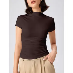 Cider [6 colors, size 0-26] High Neck Ruched Short Sleeve Tee