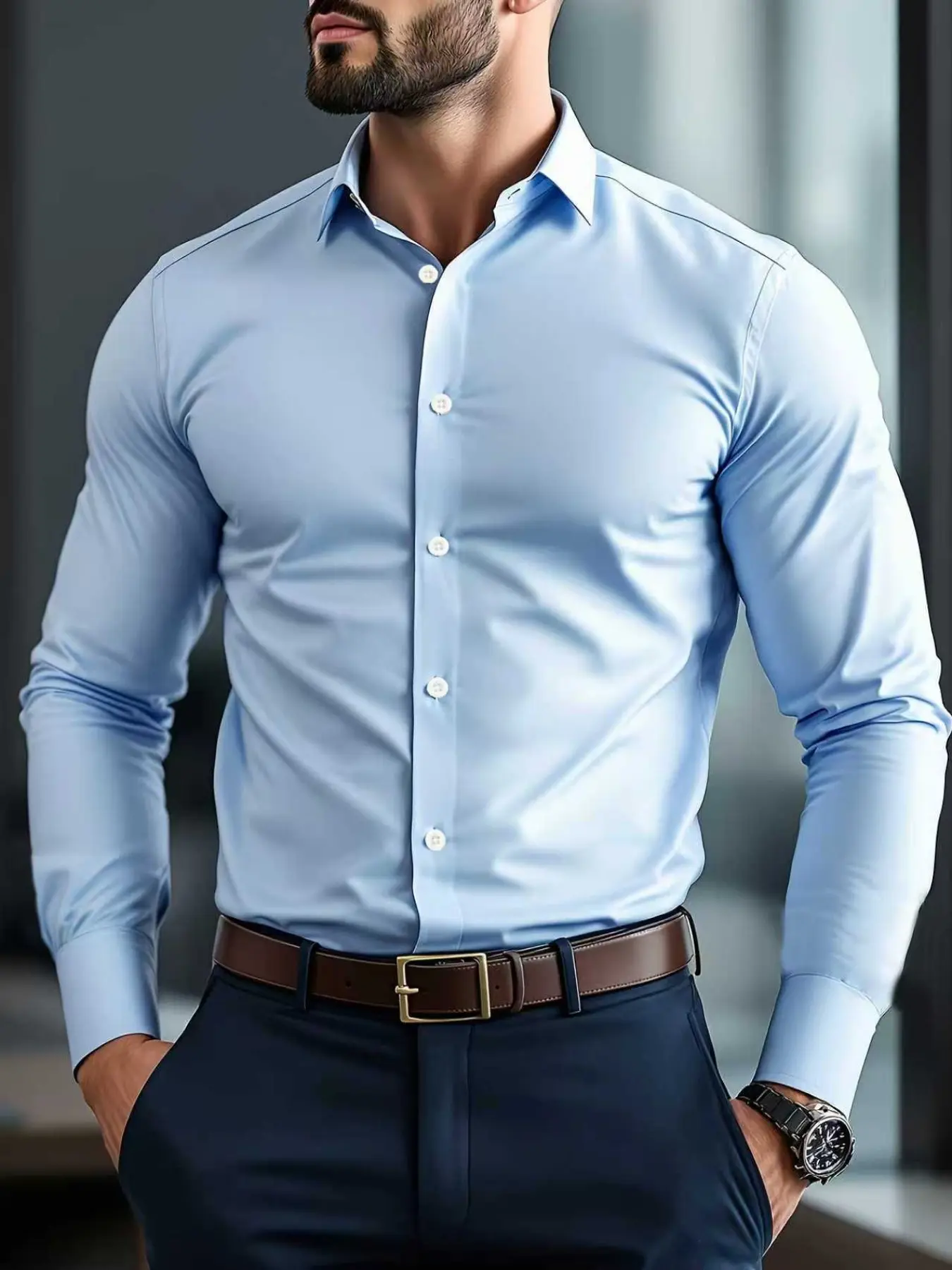 Men's Business Long Sleeve Collared Fitted Formal Shirt, Casual Business Style, Classic Point Collar Design, Durable Fabric, Perfect for Office & Party Wear (color CS36Light Blue)