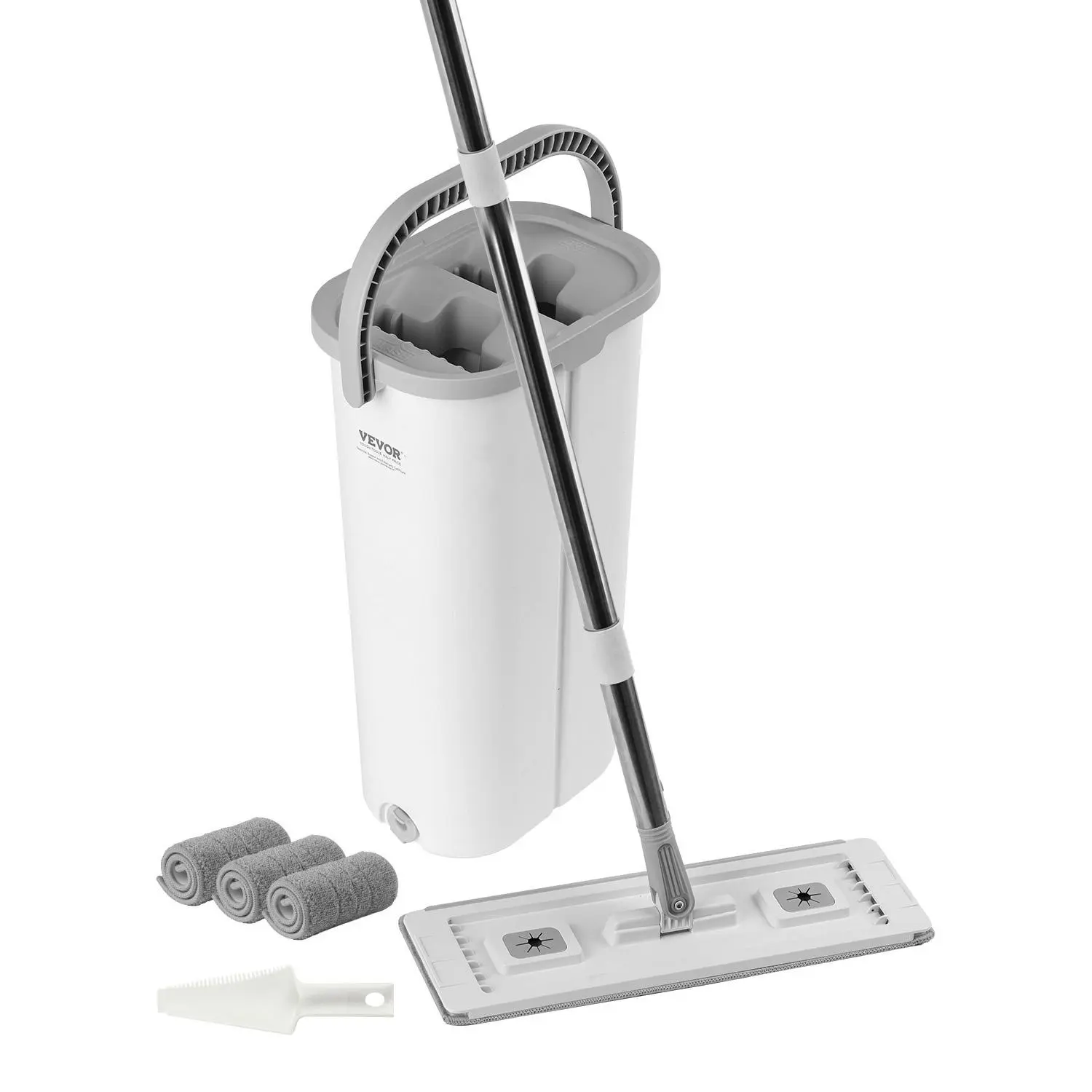 【Summerfinds】VEVOR Mop and Bucket with Wringer Set,  Wet & Dry Use, Flat Mop and Bucket System with 3 Washable Microfiber Pads, Flat Mop with Stainless Steel Handle, Mop Bucket Set for Hardwood Tile Vinyl