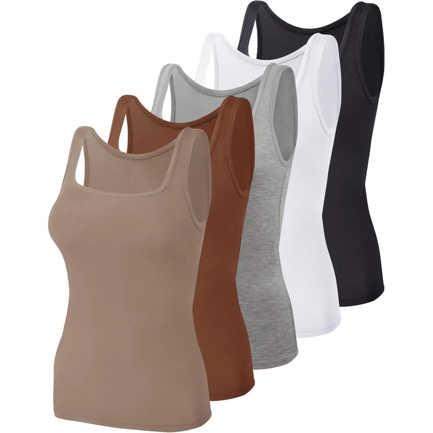 Women's 5-Pack Square Neck Cotton Loose-Fitting Tank Tops, Solid Colors Basic Black Minimalist Undershirts, Casual Sleeveless Athletic Tops, Athletic Tank Tops