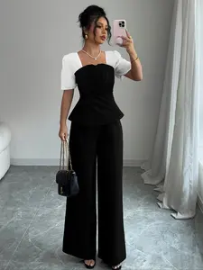 Women's Colorblock Square Neck Short Sleeve Strapless Top + Wide Leg Pants Set, Elegant Feminine Business Casual Commuter Womenswear