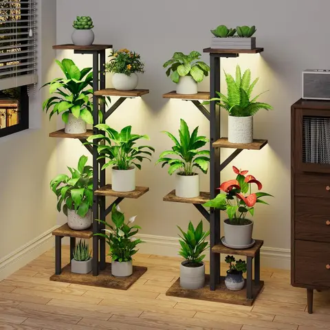 BACEKOLL 2-Pack 5-Tier Corner Plant Tower - 12-Tier Plant Stack, 40.4" Tall 45" Display Shelves, Tree-Shaped Decor, Furniture Straps, 9-Level Dimmable Settings, Timer Auto-On, Durable Racks & Displays, Corner Shelving Solutions for Living Room Patio