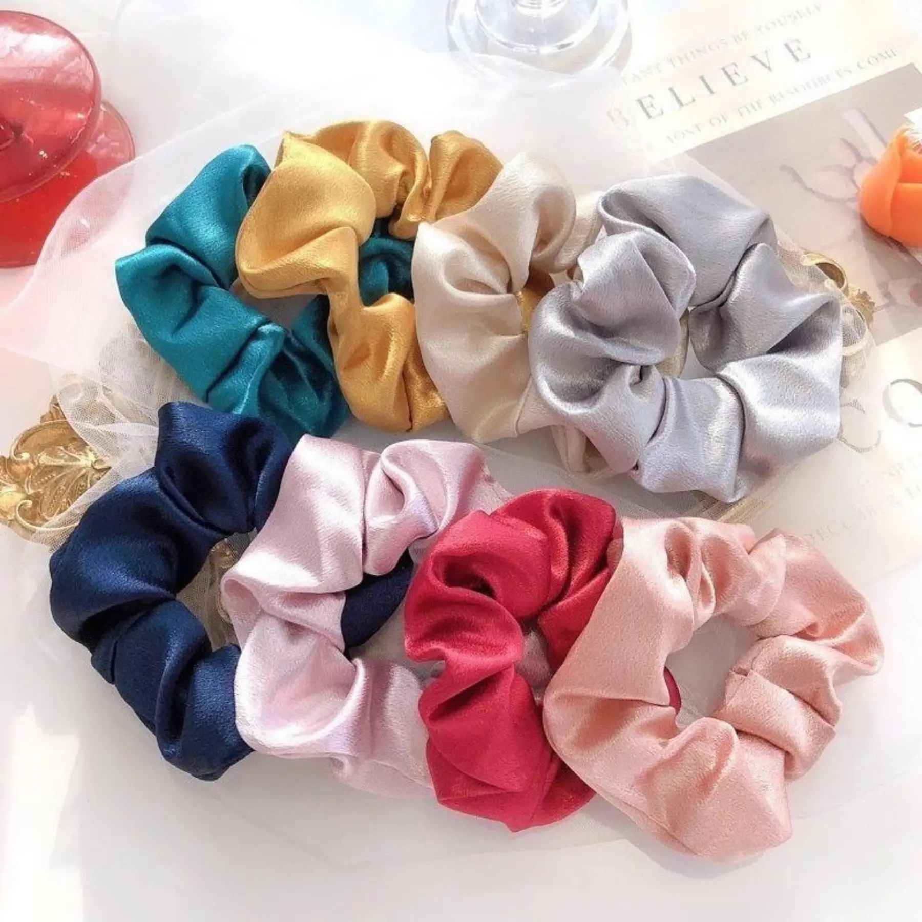 Silk Satin Scrunchies, Soft Elastic Hair Ties, Luxury Pastel Hair Accessories, Gentle Ponytail Holders for Women Girls