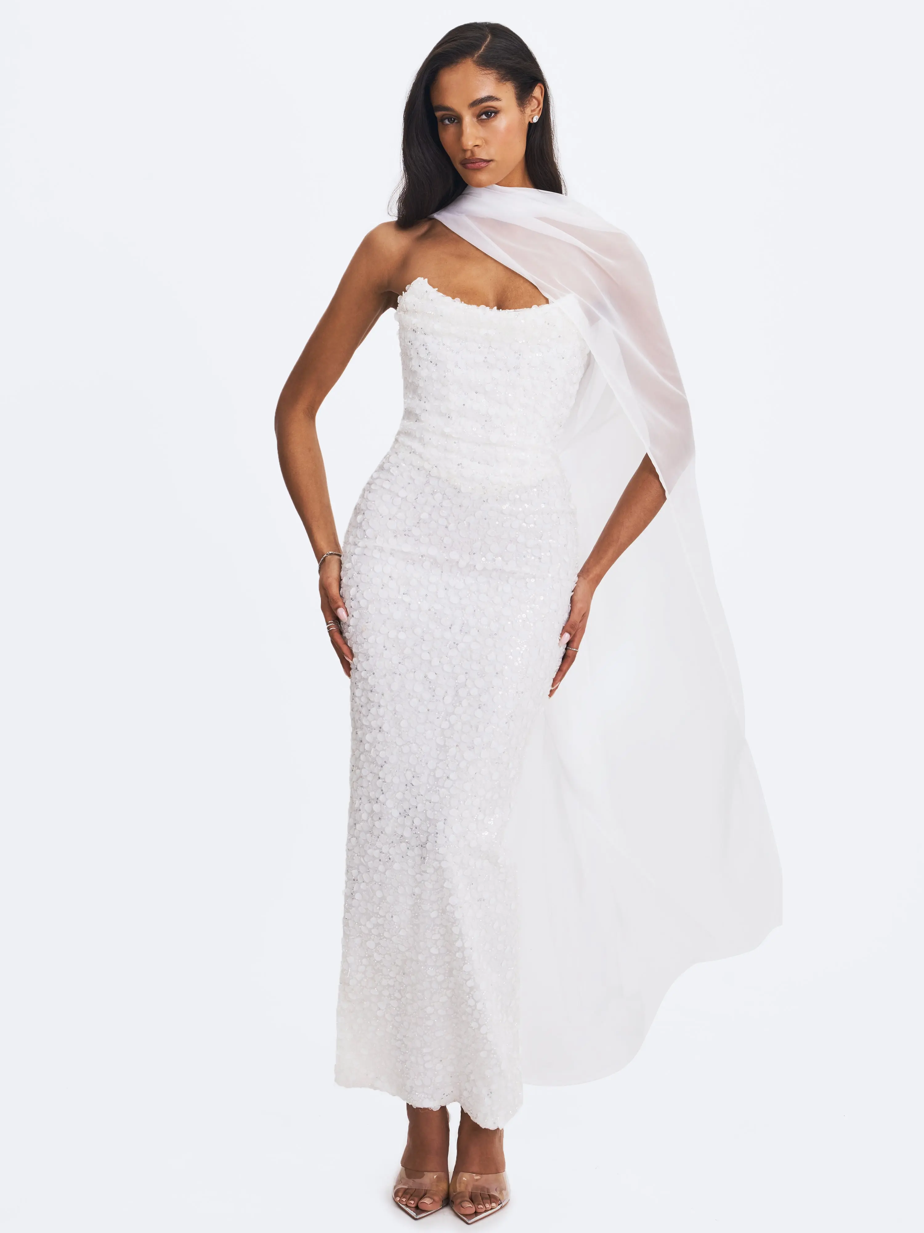 Myra White Beaded Mesh Strapless Wedding Dress Myra White Beaded Mesh Strapless Wedding Dress