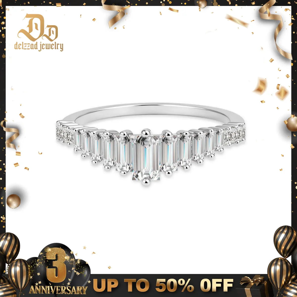 Delzzad S925 1.1ct Crescendo Ring Art Deco Engagement Ring Band VVS Synthetic Moissanite Ring Jewelry Perfect Birthday Engagement Wedding Anniversary Christmas Gift