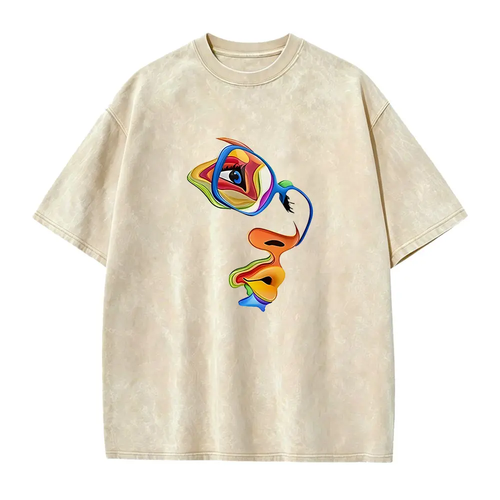 Women's Ribbed Cotton Knit Graphic Tee - Colorful Abstract Face Print, Round Neck, Short Sleeve, Fashion Casual Daily Wear Summer Ladies Top, Fabric, Lady, Fitted, Foldable, Shortsleeve, Tshirt, Colorful Style, Elastic