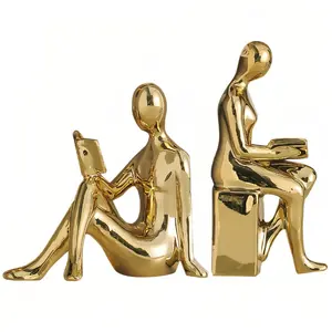 Decorative Reading Figure Bookends Set of 2, Gold Ceramic Book Ends for Home, Office & Shelves, Creative Shelf Decorations, Perfect Gift for Book Lovers