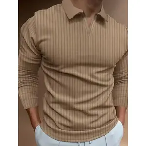 Men's Ribbed Polo Shirt, Classic Collar Design, Vertical Stripes, Long Sleeve Fit, Business Casual & Weekend Wear