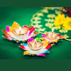 Multicolor Lotus Brass Diya | Sacred Oil Lamp for Pooja & Diwali Decor | Cherished Wedding & Housewarming Gift | Traditional Elegance