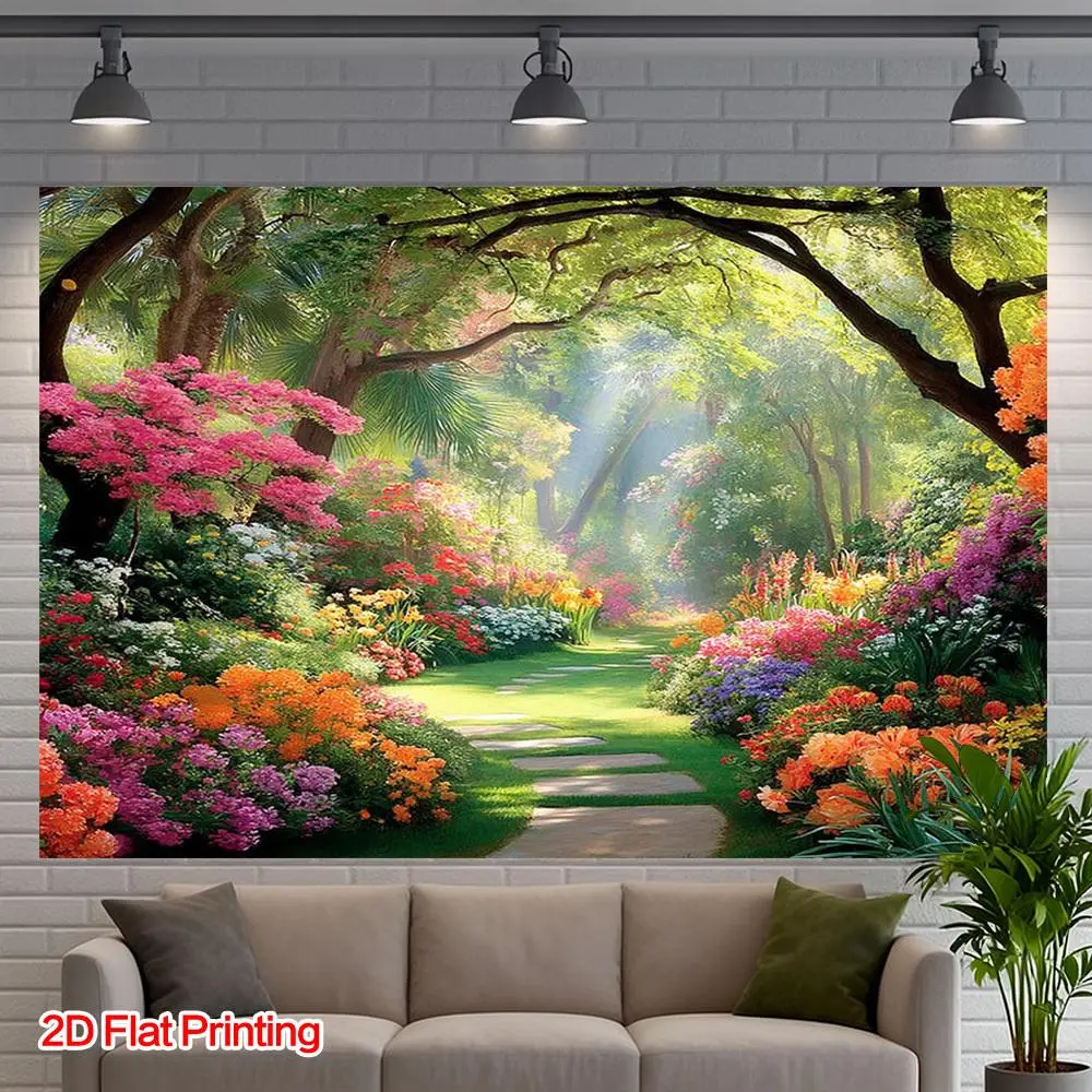 1pc Polyester 2D Flat Realistic Garden Path Floral Scenery Backdrop - Elegant Greenery, Blooming Flowers, Suitable for Garden Decor, Wedding, Outdoor Garden Accessories,summerwins