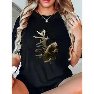 Women's Black T - Shirt with Gold Underwater Photography Diver, Fish & Aquatic Plant Print | Casual Beach & Diving Enthusiasts Fashion | Summer Vacation Outfit for Female Photographers & Ocean Lovers