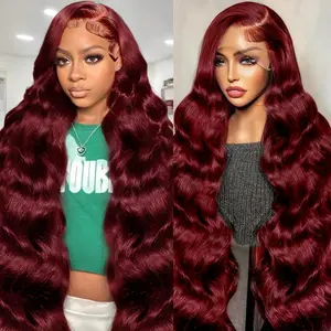 13x6 99j Body Wave Lace Front Wigs 180 Density  RealHuman Hair Burgundy Wig  Human Hair  Red Wig for Women  No Synthetic Blend No Tangle No Shedding Triple Lifespan 3X