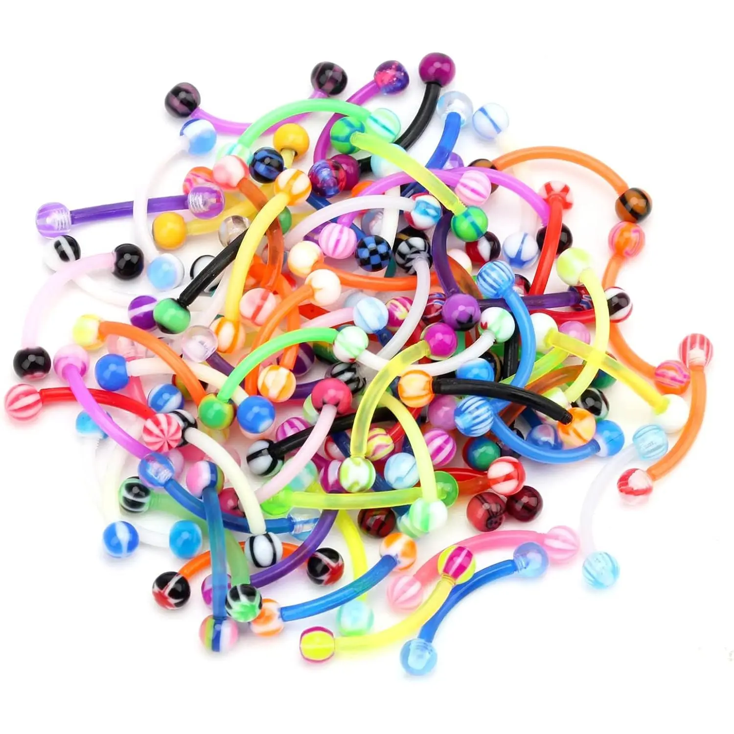 Curved Barbell Eyebrow Rings, 50-Pack 16G Flexible Acrylic Body Piercing Jewelry, Colorful Balls for Smiley, Vertical Labret & Snake Bites Piercing for Boy, Vertical Labret Piercing