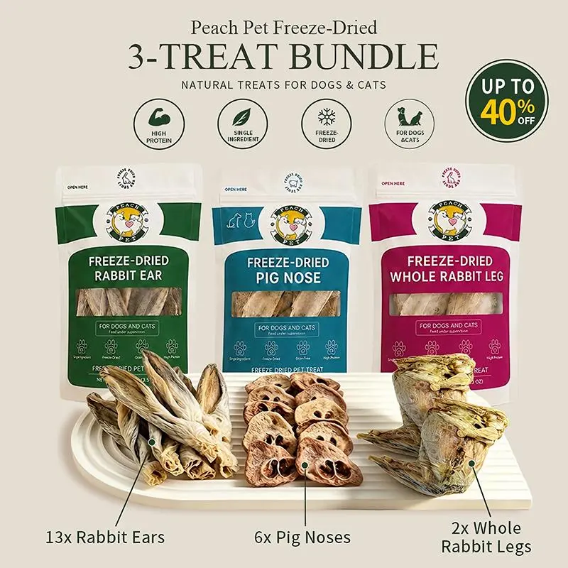 Natural Freeze-Dried Rabbit Treats for Dogs & Cats - 3-Pack Chew Bundle with Rabbit Ear, Pig Nose & Whole Rabbit Leg, High Protein Pet Snacks