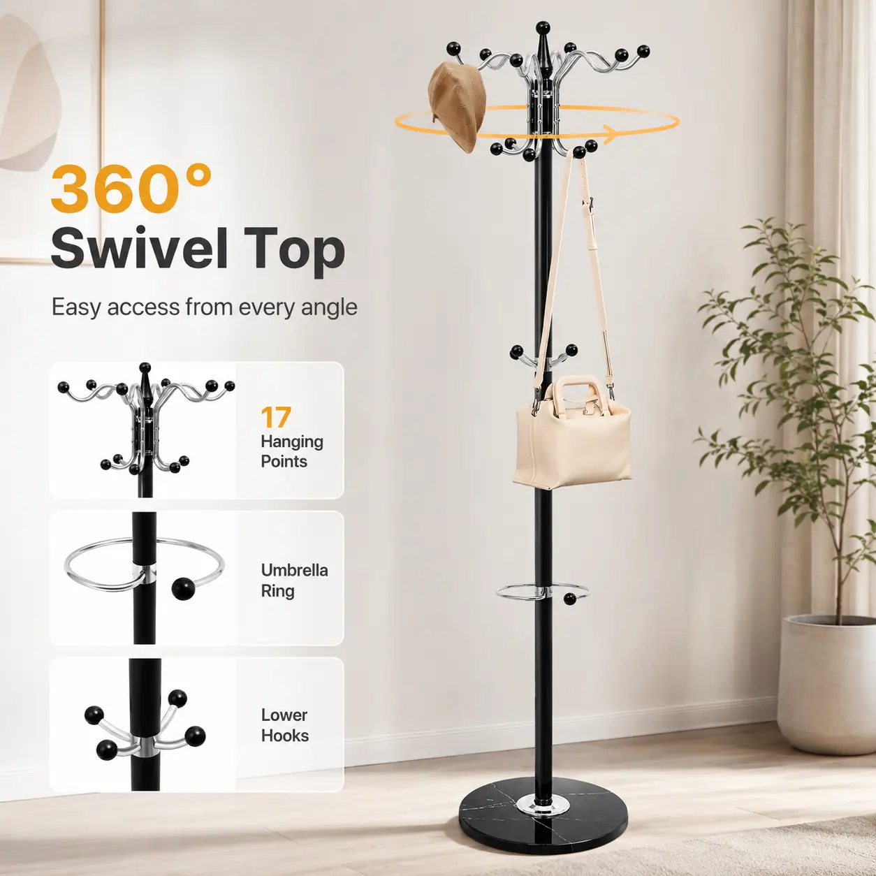 Sturdy Metal Coat Rack Tree - 16-Ball Tipped Hooks, Multi-Level Home Organizer for Entryway, Bedroom, House Hats, Caps, Bags, Umbrellas, Jackets (44 lbs Capacity), No