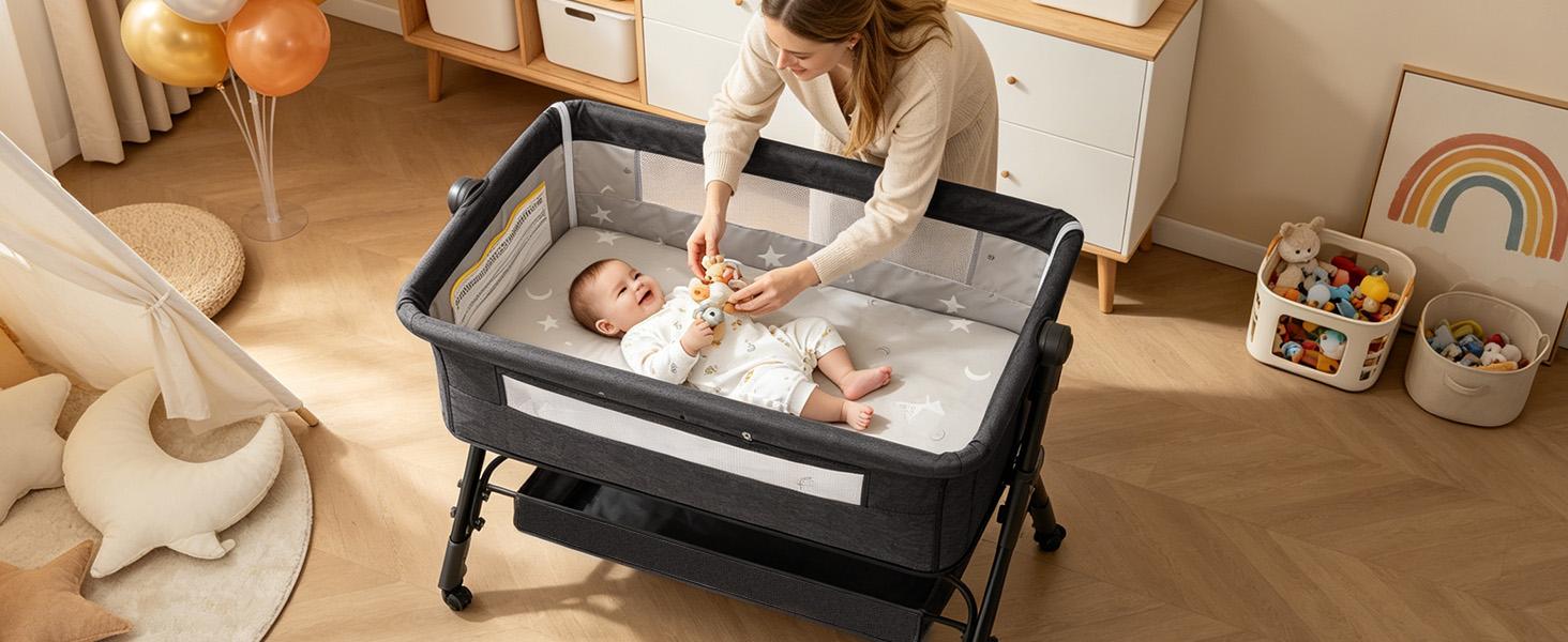【SummerVibes】 Portable Baby Bed 6-in-1 - Foldable Crib w/ 6 Height Adjustments, Bedside Sleeper, Rocker & Bassinet + Storage Basket & Mattress & Ultra-Quiet Wheels , Nursery Must-Have Folding Sleeping Cot
