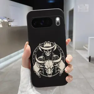 Rounded Edge Phone Case for Google Pixel 10 9 8 7 Pro A XL Cowboy Skull Emblem Pattern Anti-Scratch Shockproof Soft Liquid Silicone Protective Cover Smartphone Casing