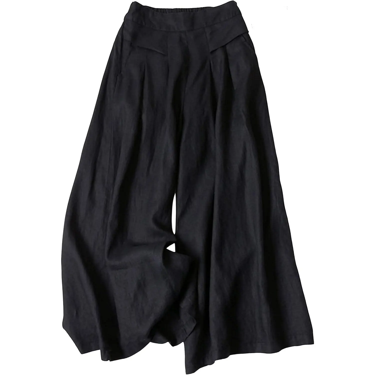 Women's Linen High-Rise Wide Leg Capri Pants - Casual Elastic Flat Waistband Loose-Fitting Roomy Legs Cropped Culottes with Side Pockets, Lightweight Summer Bikini Cover-Up Compatible Elegant Cool Solid Bottoms, Flared, Comfy Pants, Comfortable, Linen Fab
