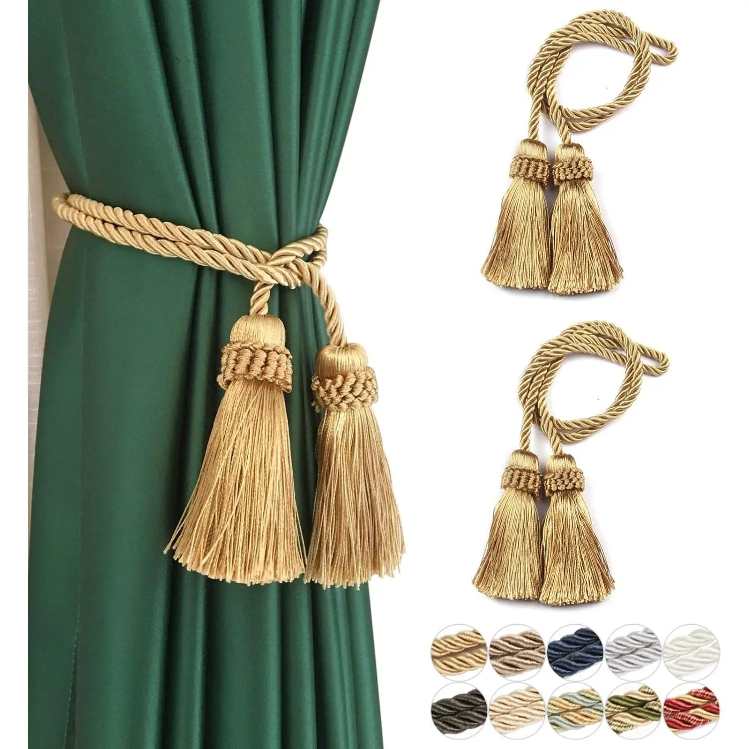 Handmade Gold Curtain Tiebacks with Decorative Tassels, Braided Rope Accents for Home Interior Window Decor, Set of 2, Two Piece Set