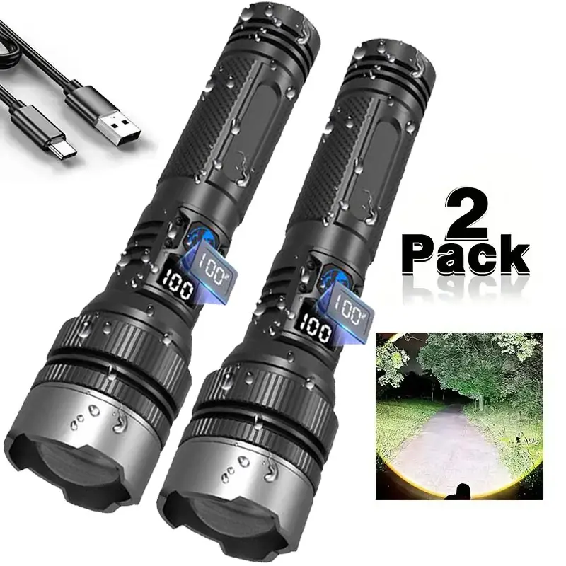 2PCS 2-in-1 High-Power Flashlight (Power Bank), Digital Battery Level Display, Rechargeable, Zoomable, 4x Zoom, Waterproof, Adjustable Brightness Flashlight for Outdoor Use, Emergencies, and Camping—DealsForYouDays