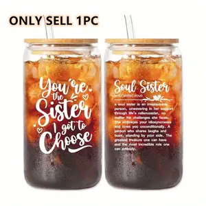 16oz Glass Cup with Straw & Brush, 1 Count Letter Pattern Double Sided Glass Cup, Perfect Friend Gift Choice for Coffee, Tea and Cold Drinks, Tumbler, Kitchenware, Stylish Glass Cups, Stylish Drinkware