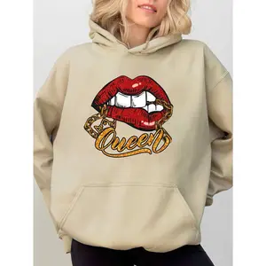 Queen lip pattern sweatshirt, chain lip sweatshirt, Queen red lip sweatshirt, fashionable women's long-sleeved sweatshirt, kissing lips pattern sweatshirt