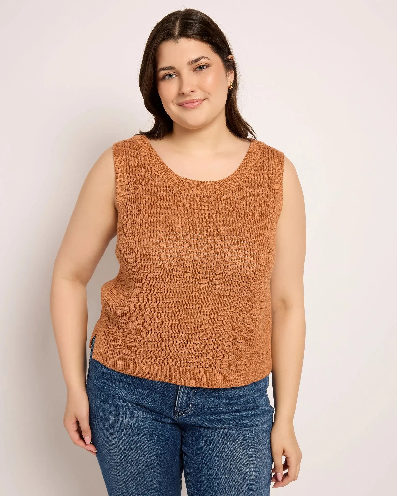 Women's Plus Size Loose Fit Sleeveless Crochet Sweater Vest - Airy Open-Knit Pull On Top with Ribbed Trims, Casual Tank