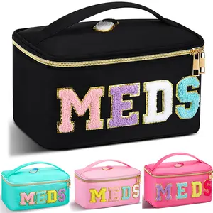 Chenille Cosmetic Bag with MEDS Letters Large Black Organizer for Women Men Travel Toiletries Storage Durable Fabric Zipper Closure Portable Medication Box