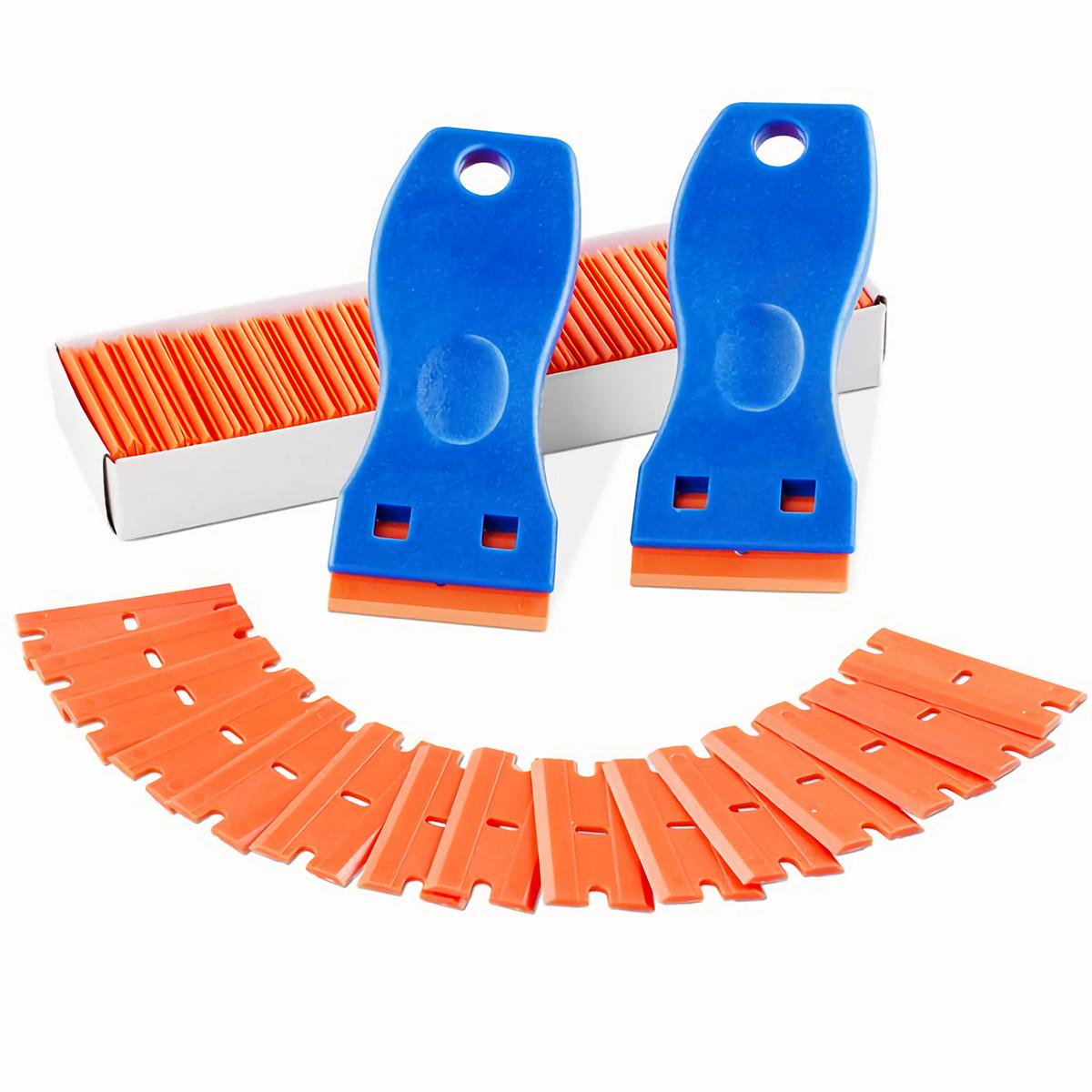 2PCS Plastic Razor Blade Scraper Tool with 100PCS Extra Plastic Blades, No-Scratch Cleaning Scraper Remover for Stickers Decals Adhesive Labels Paint Glass Car Window